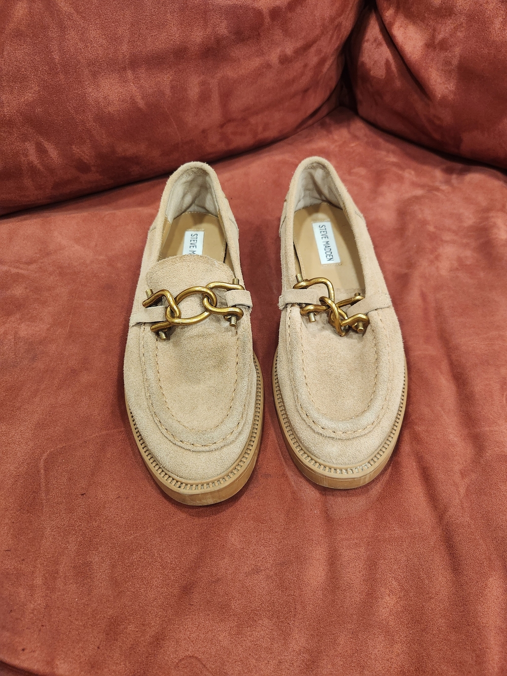 Steve Madden Tan Suede Loafers with Gold Chain Accent